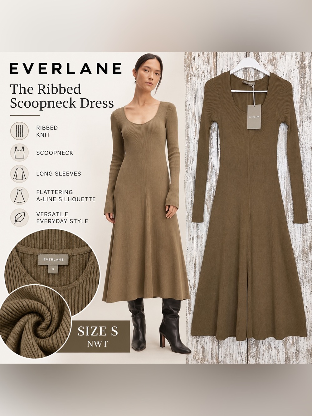 Everlane The Ribbed Scoopneck Dress Women’s Size S NWT